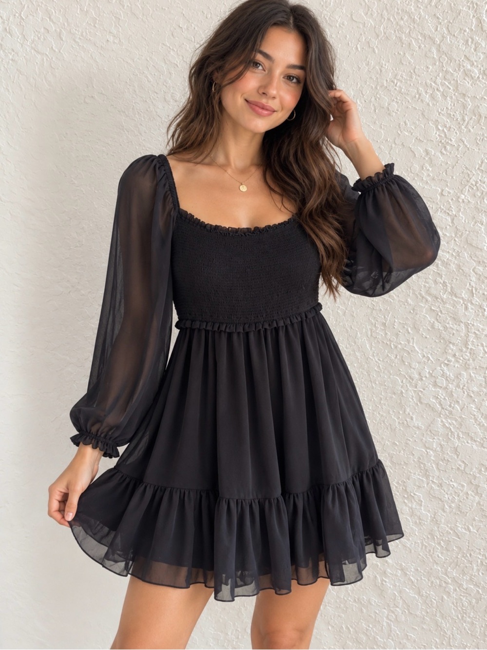 Wilfred Black Smocked Chiffon Mini Dress